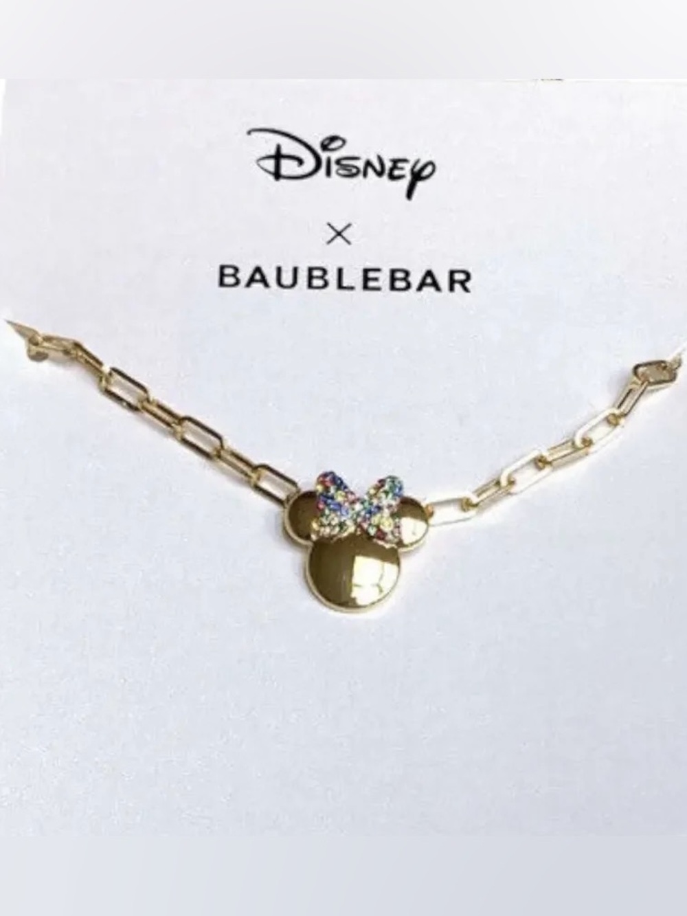 NWOT Disney x Baublebar Gold Minnie Mouse Kids Necklace with Multicolor Bow